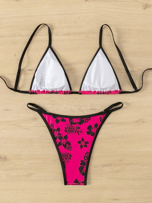 Floral Contrast Print Adjustable Bikini Set