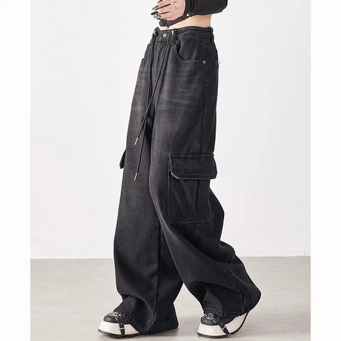 Girls Retro Streetwear Wide Leg Black Jeans