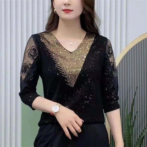 Casual Long Sleeve V-Neck Lace Patchwork Blouse