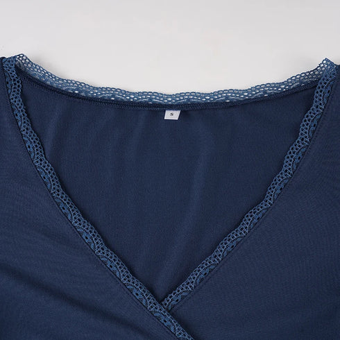 Lace Trim Patchwork V-Neck A-Line Long Sleeve Top