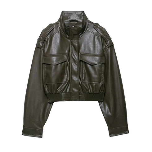 Chic Faux Leather Jacket for Women - Casual Long Sleeve