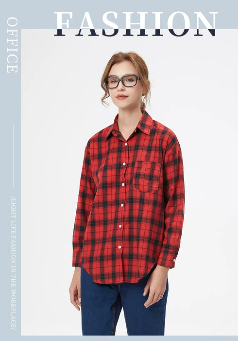 Loose Women's Plaid Shirt - Long Sleeve Casual Blouse