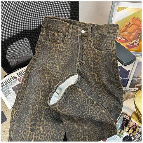 High Waisted Leopard Print Wide Leg Jeans
