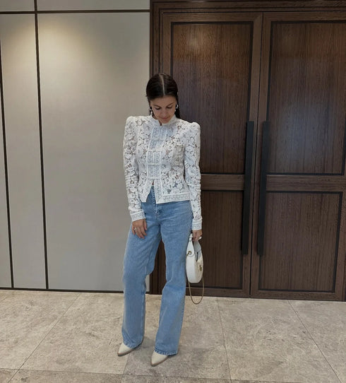 White Lace Hollow Out Blouse for Women