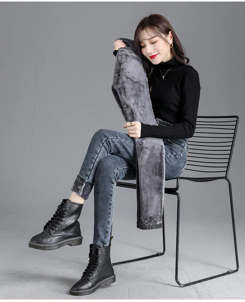 High-Waisted Fleece-Lined Slim Jeans for Women