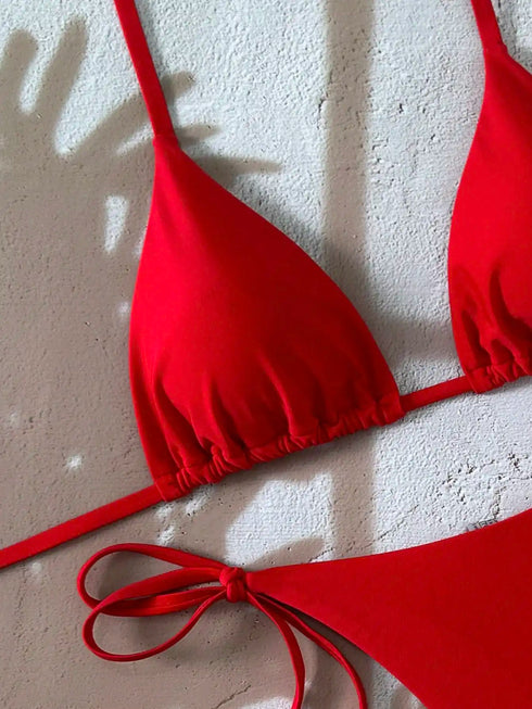 Red Neck Hanging Bikini Swimsuit Set