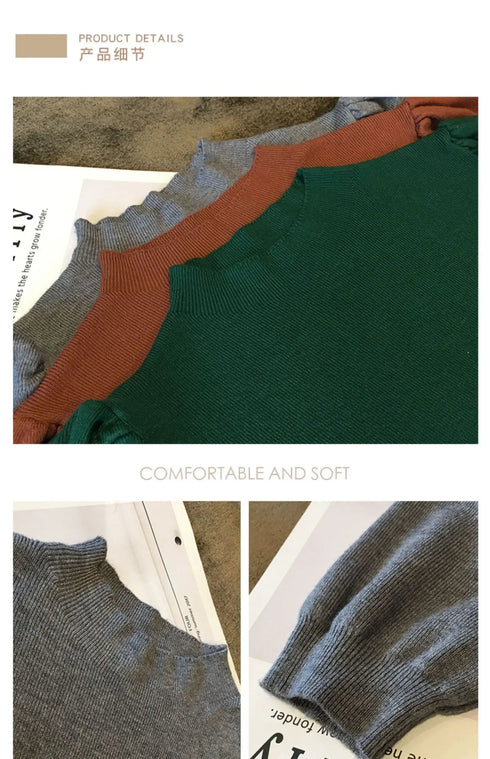 Women's Puff Sleeve Knitted Blouse with Half Turtleneck