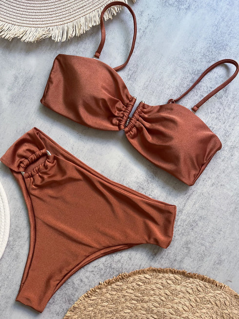 Push Up Bandeau Bikini Set in Olive Green