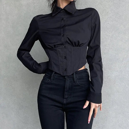 Zadily Long Sleeve Button-Up Crop Top in Black