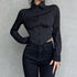 Zadily Long Sleeve Button-Up Crop Top in Black