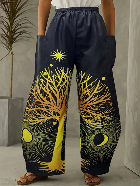Abstract Star and Moon Print Wide-Leg Pants