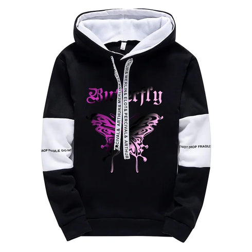 Girls Urban Fashion Hooded Sweatshirt with Butterfly Print