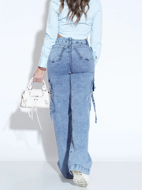 Women's Washed Cargo Jeans with Multiple Pockets