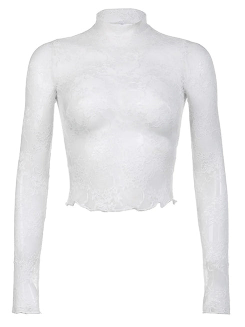 Sexy Lace Blouse Shirts Summer Women Turtleneck Long Sleeve See Through Lace Patchwork Thin Tops