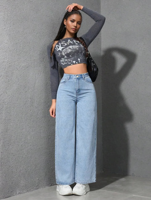 Wide Leg High Waist Denim Jeans for Women