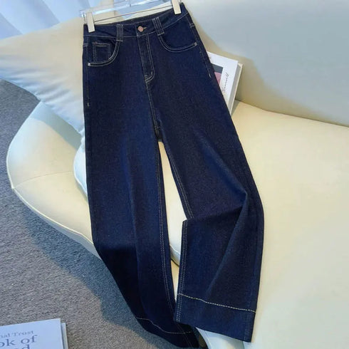 High Waisted Wide Leg Denim Trousers in Navy Blue