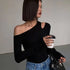 Fashion Skew Collar Off-shoulder Long-sleeved T-shirts Women Spring New Solid Slim Fit Crop Top Sexy Hollow Out Tees Shirts