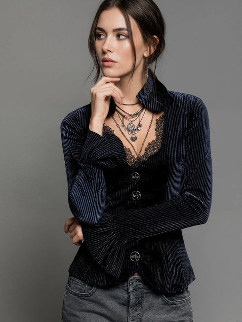 Women's Gothic Elegant Striped Blouse Lace Trim Sexy V Neck Long Bell Sleeve Button Front Shirt Vintage Punk Party Tops 2025