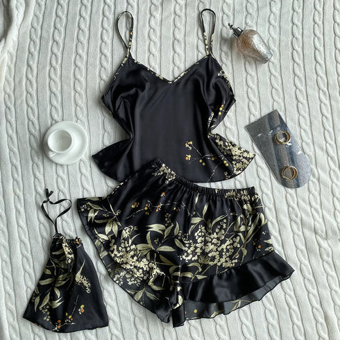 3 Pcs Floral Silk Pyjama Set with Shorts & Bag
