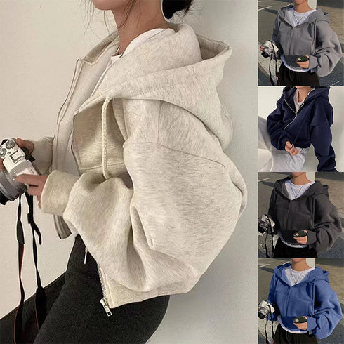 Navy Blue Hooded Cropped Sweatshirt for Women