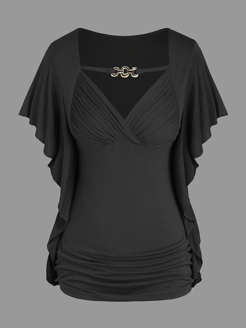 Plus Size Women's Ruffle Sleeve Slant Placket T-shirt