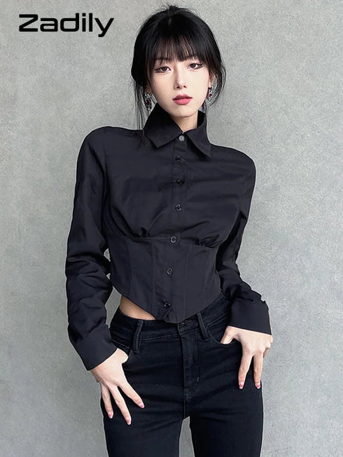 Zadily Long Sleeve Button-Up Crop Top in Black