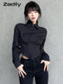 Zadily Long Sleeve Button-Up Crop Top in Black