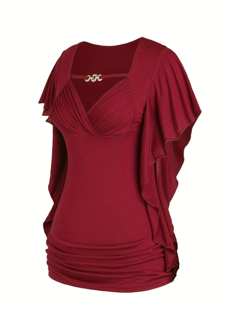 Plus Size Women's Ruffle Sleeve Slant Placket T-shirt