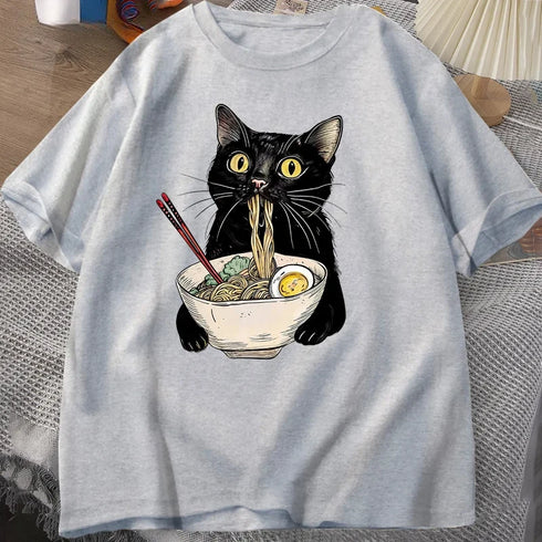 Funny Cat Noodle Ramen T Shirt for Foodie Lovers Unisex Short Sleeve Casual Top for Men Women