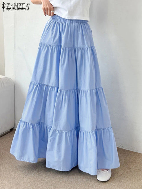 Korean Style Tiered Maxi Skirt with Elastic Waist