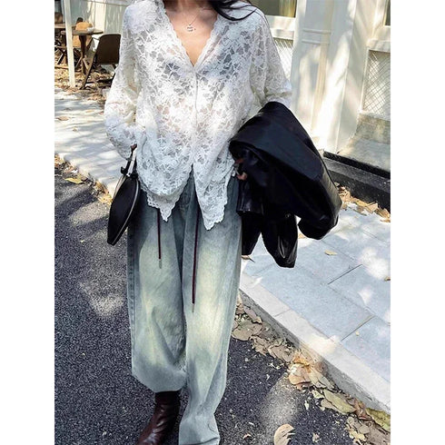 Vintage Summer Lace Blouses Women See Through Sheer Long Sleeve Sun Shirts Korean Style Casual Sun Protection Sexy Ladies Tops