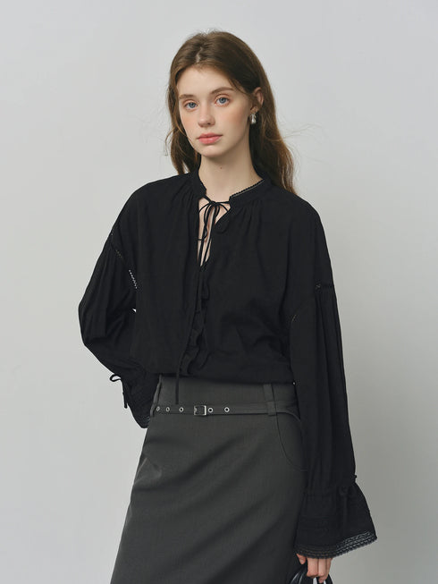 Lace-Up V-Neck Long Sleeve Casual Shirt for Women