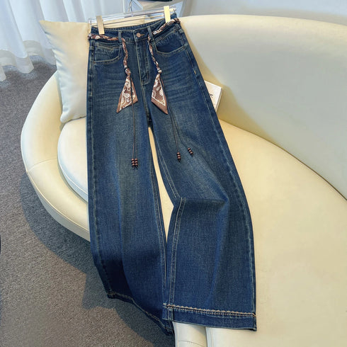Wide Leg Denim Jeans with Scarf Belt