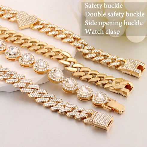Iced Out Crystal Heart Tennis Miami Cuban Link Chain Bracelet