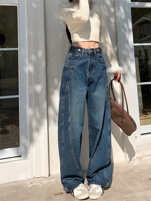 Women's High Waist Wide Leg Denim Jeans in Navy