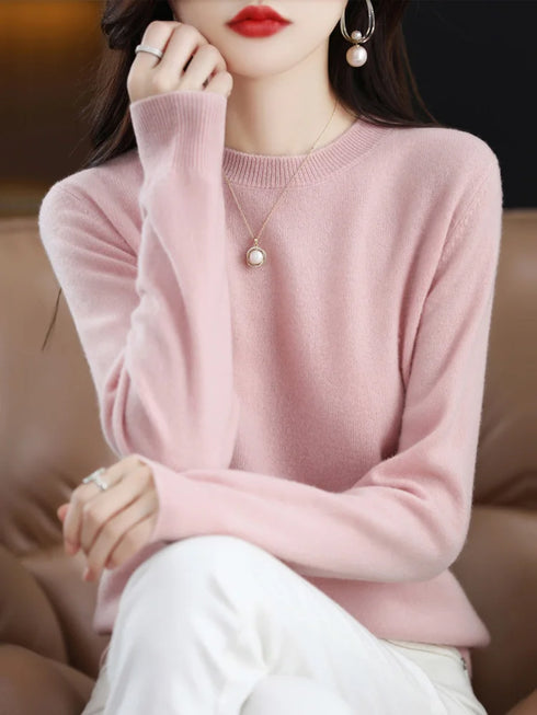 100% Merino Wool O-Neck Sweater for Women
