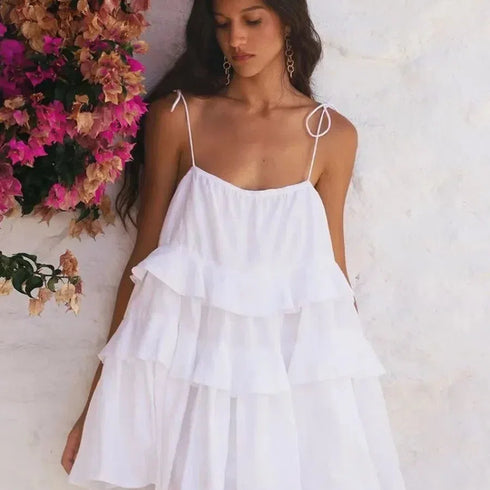 Wolfeel Sexy Loose White 100% Cotton Women's Dress Summer Strap Sleeveless Mini Dresses Classic Ruffle Beach Style