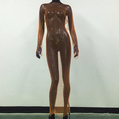 Shiny Rhinestones Grid Fishnet Dress
