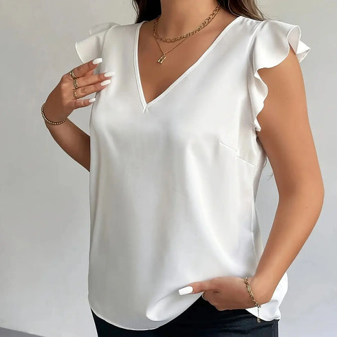 Plus Size Women's White Satin Blouse with Ruffle Sleeves