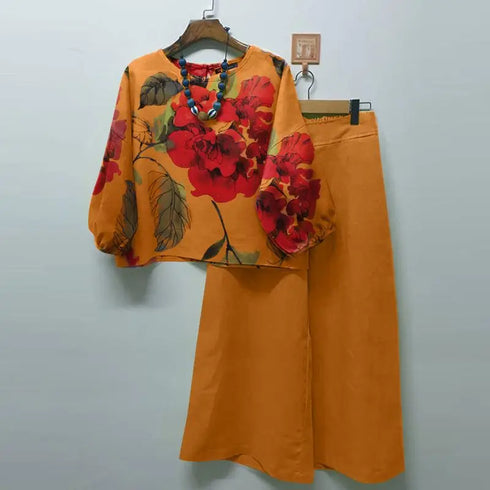 ZANZEA Autumn Floral Printed Blouse and Wide Leg Trousers Set