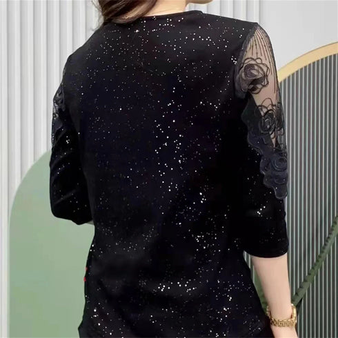 Casual Long Sleeve V-Neck Lace Patchwork Blouse