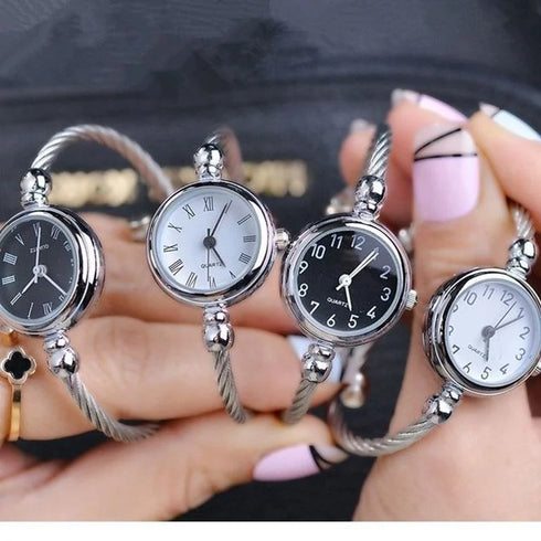 Luxury Silver Bangle Bracelet with Quartz Watch