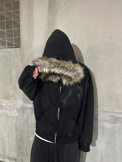 Y2K Aesthetic Faux Fur Collar Zip-Up Hoodie
