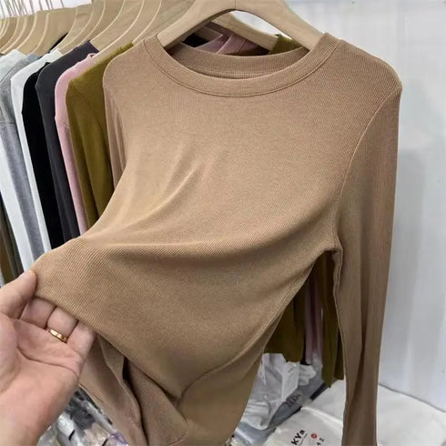 Slim Fit O-Neck Long Sleeve Top for Women