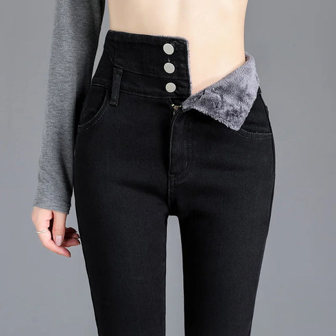 Women's Fleece-Lined High-Waisted Slim Fit Jeans