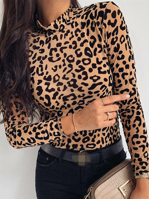 Leopard Print Turtleneck Long Sleeve Top