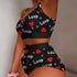 Summer 2-Piece Pajama Set Women Sleepwear Strawberry Lace Crop Top and Shorts Loungewear Pijamas