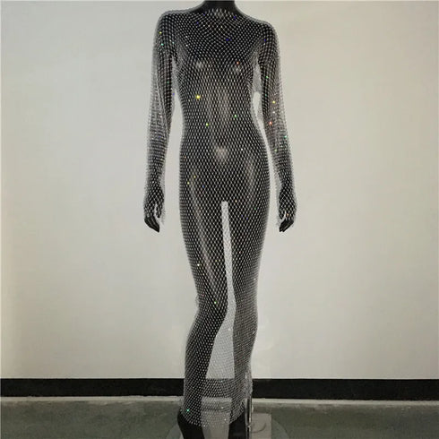 Shiny Rhinestones Grid Fishnet Dress