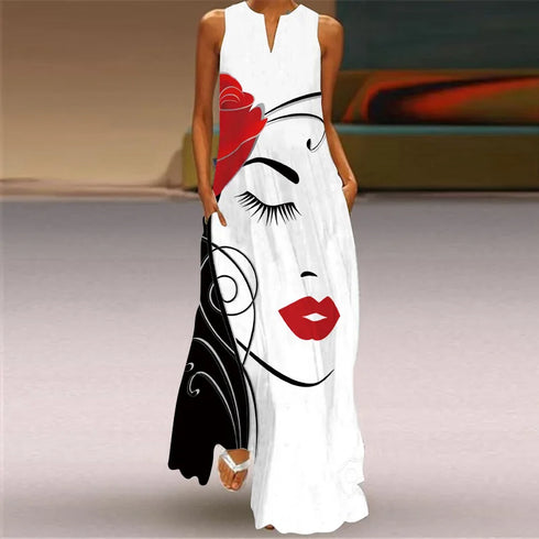 Elegant V-Neck Sleeveless Floral Long Dress
