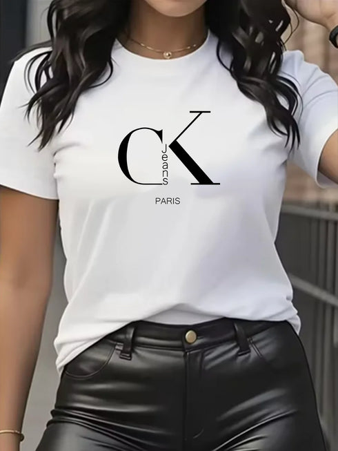 Y2K Cartoon Letter Print Crew Neck T-Shirt for Women